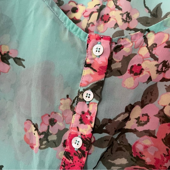 Farm Rio Floral Short Sleeve Blouse Turquoise Teal Flowers Button Pink Top - Picture 5 of 12